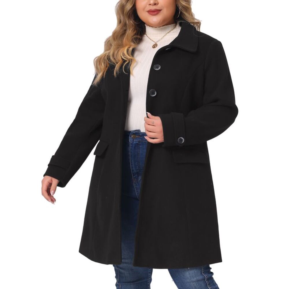 Plus Size Turndown Collar Single Breasted Long Wool Coats Black